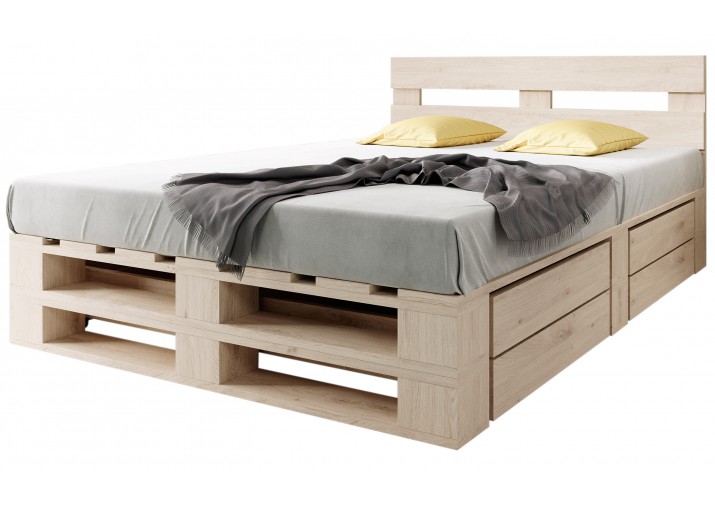 Palettenbett M2 aus Holz 180 x 200 cm mit Kopfteil und 2 Bettkästen